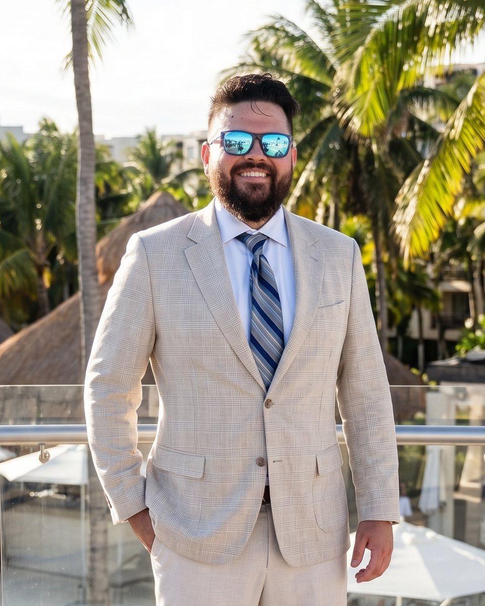 Nakita Baker smiling outdoors in a light suit and sunglasses, with palm trees behind